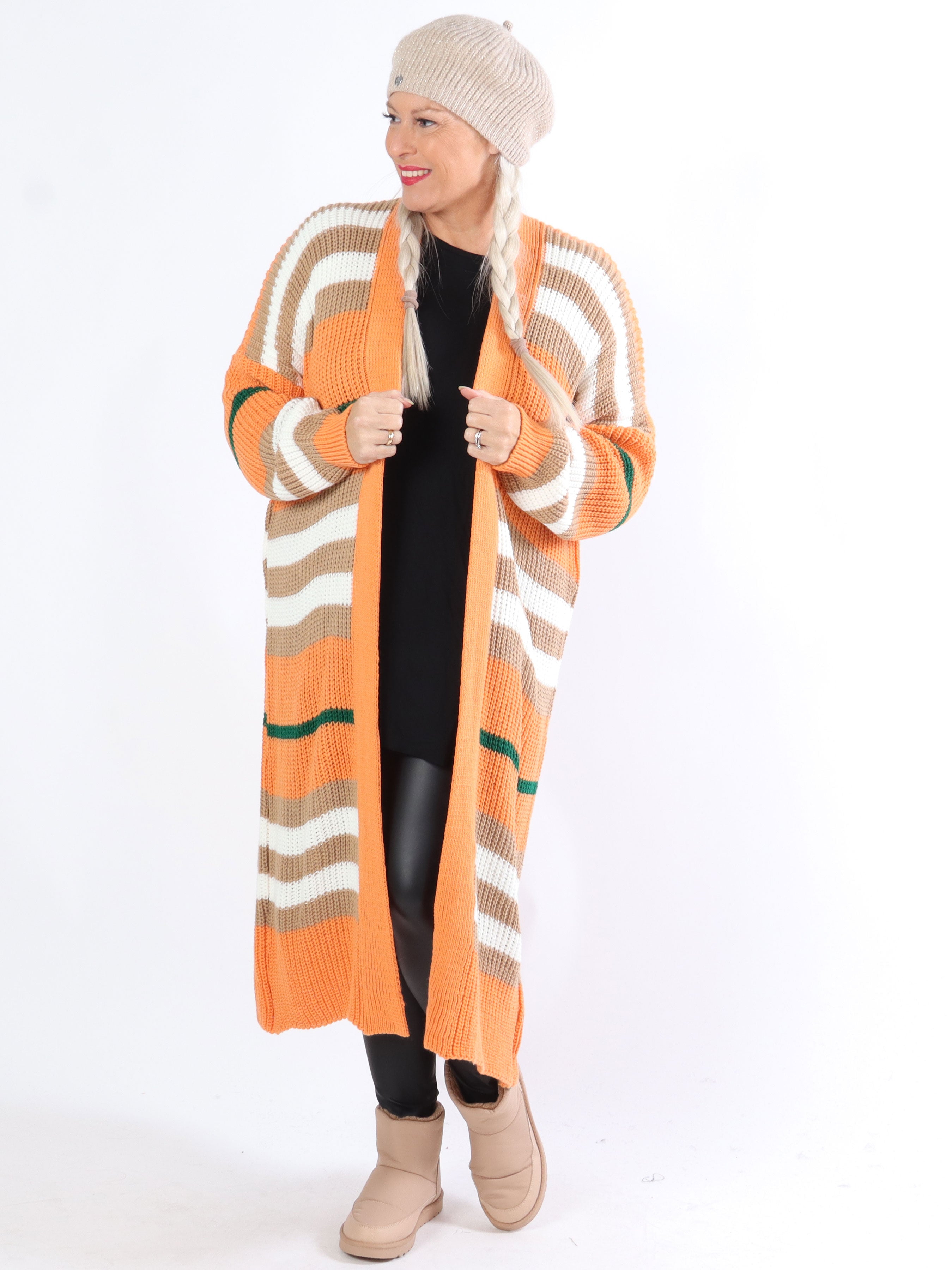 Mikla - Lang stribet plus size cardigan i strik